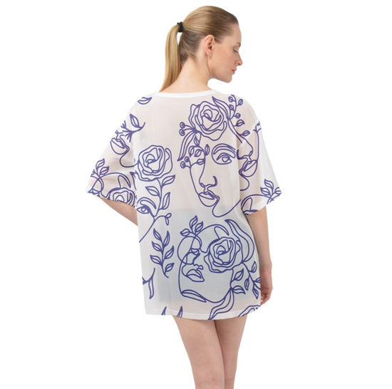 Abstract Face & Rose Oversized Chiffon Top