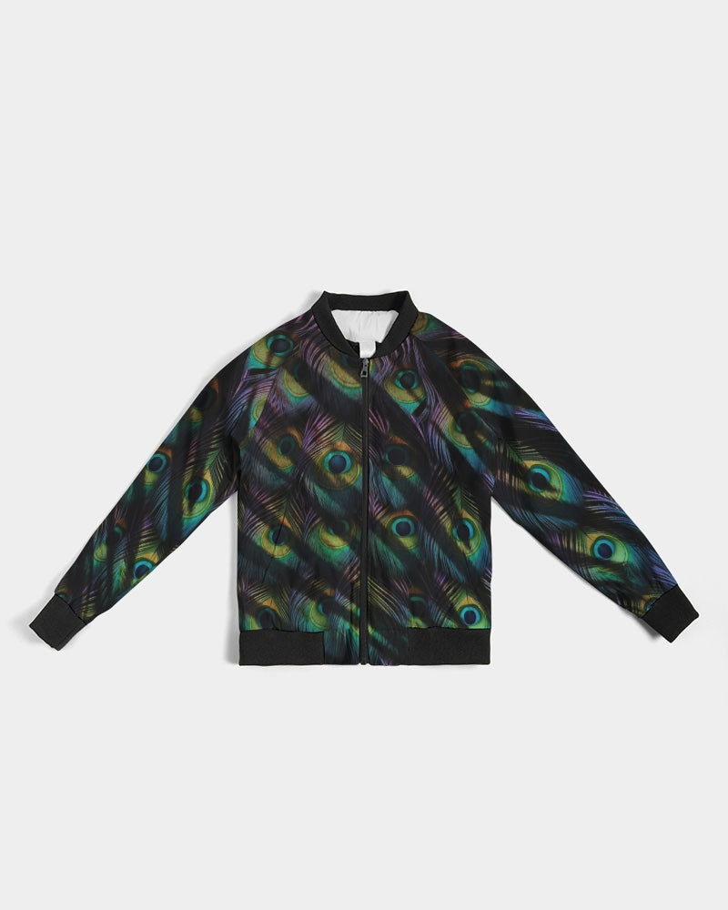 Women's Bomber Jacket – Scorched Peacock Print, Feather & Tiger