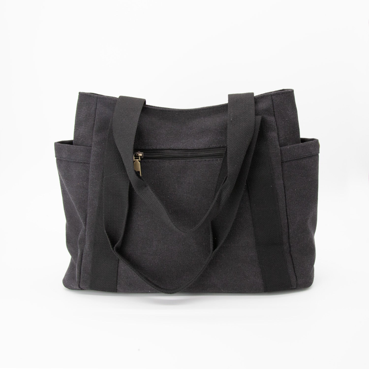 black tote travel bag zippers big Large Canvas Tote Bag With Pockets & Zipper in Black