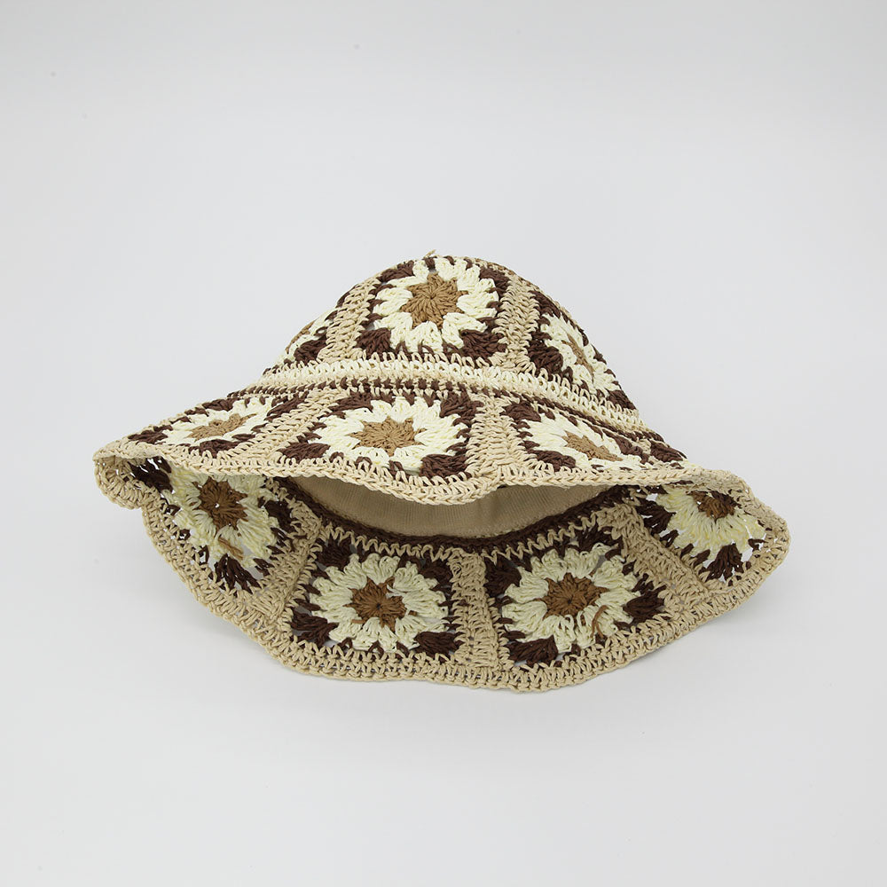 Straw Crochet Bucket Hat in Floral Brown & Cream – Harlow  display picture 1