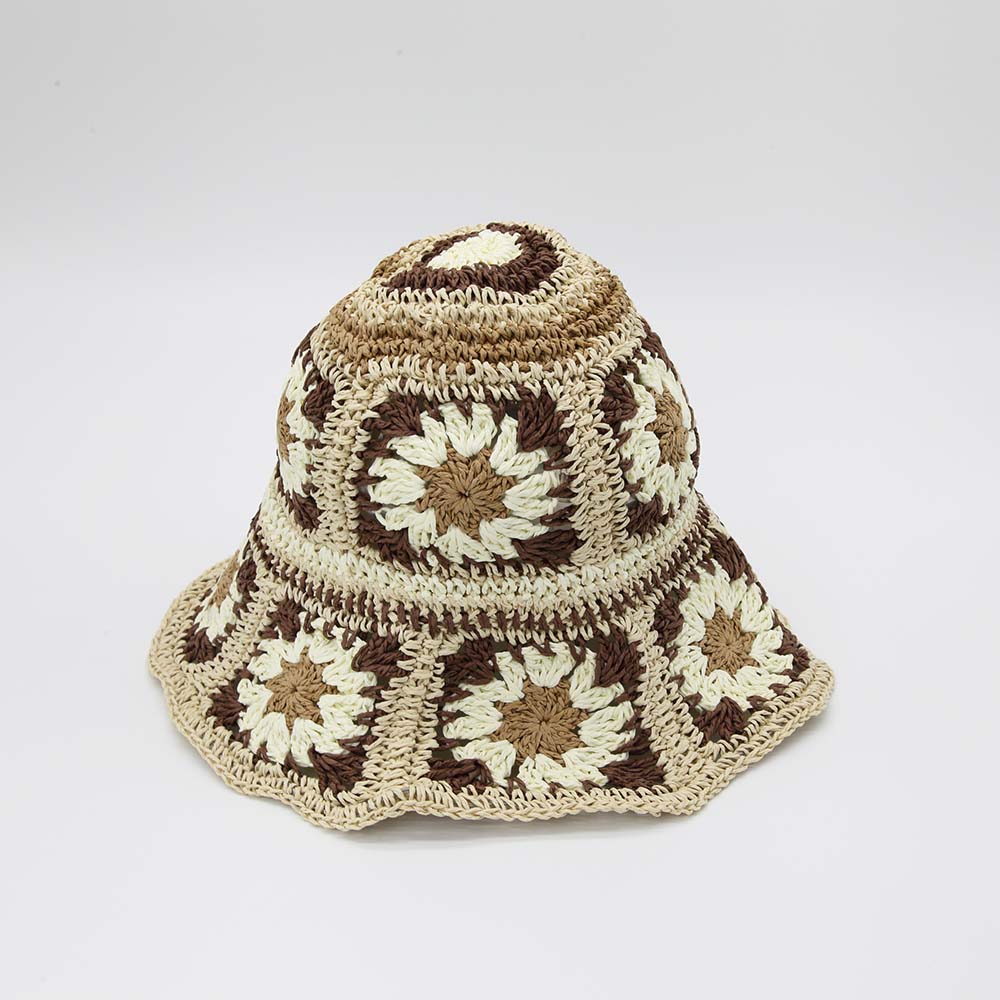 Straw Crochet Bucket Hat in Floral Brown & Cream – Harlow 