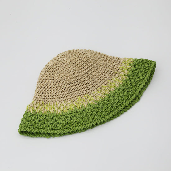 Straw Crochet Bucket Hat in Green & Natural