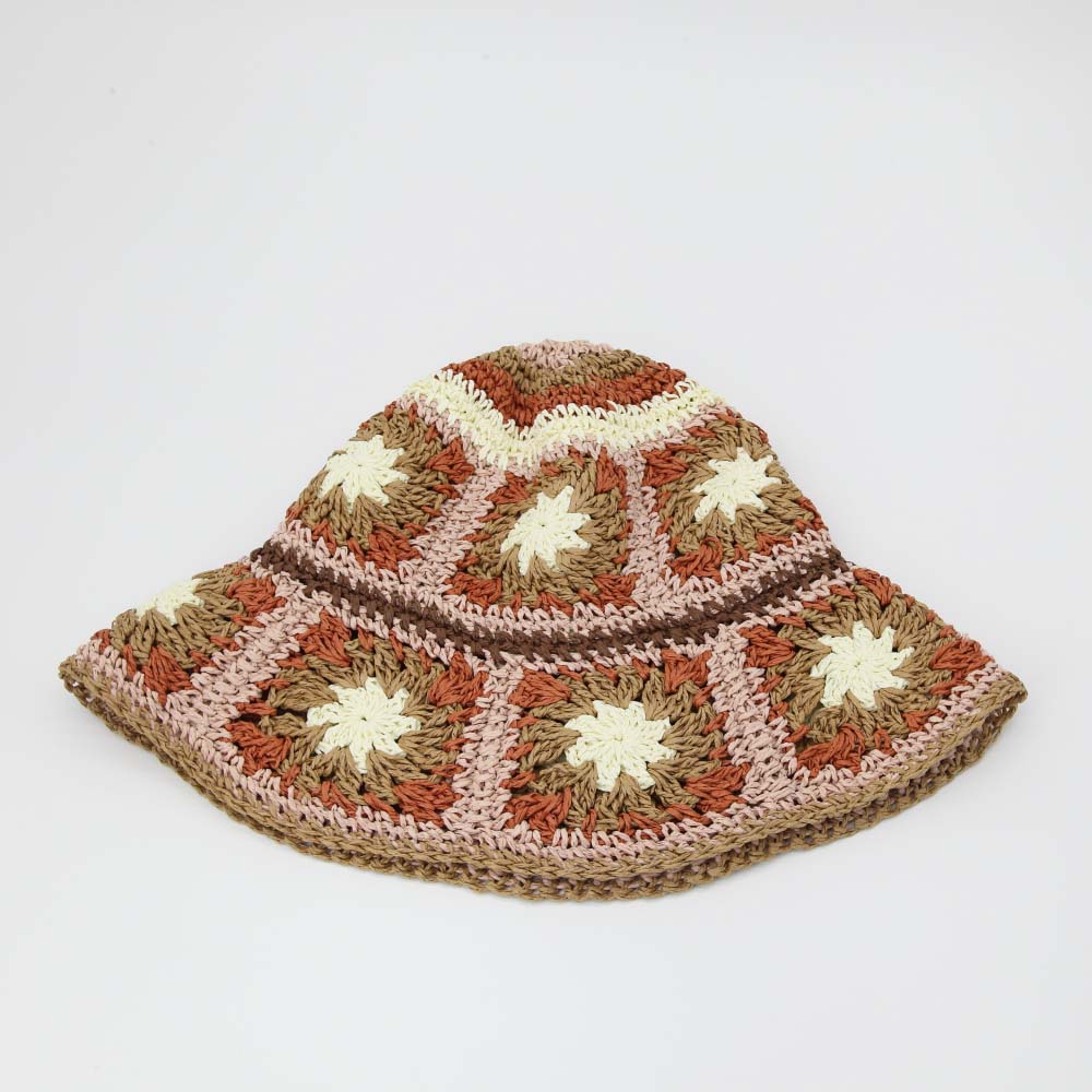 Straw Crochet Bucket Hat in Floral Pink Orange Brown & Cream