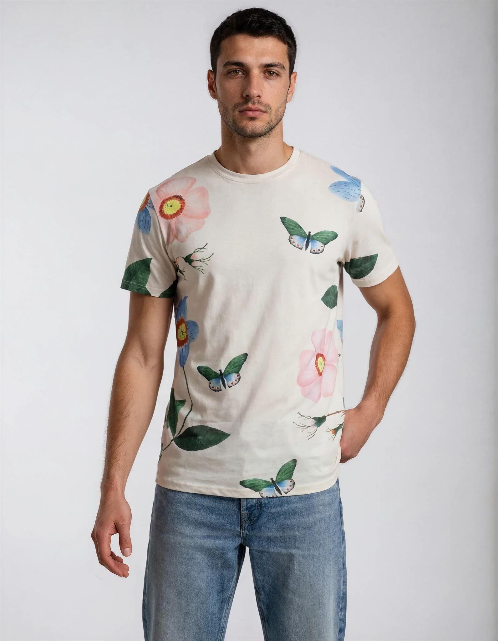 Ivory Garden T-Shirt - Men's Butterfly Print T Shirt Off White