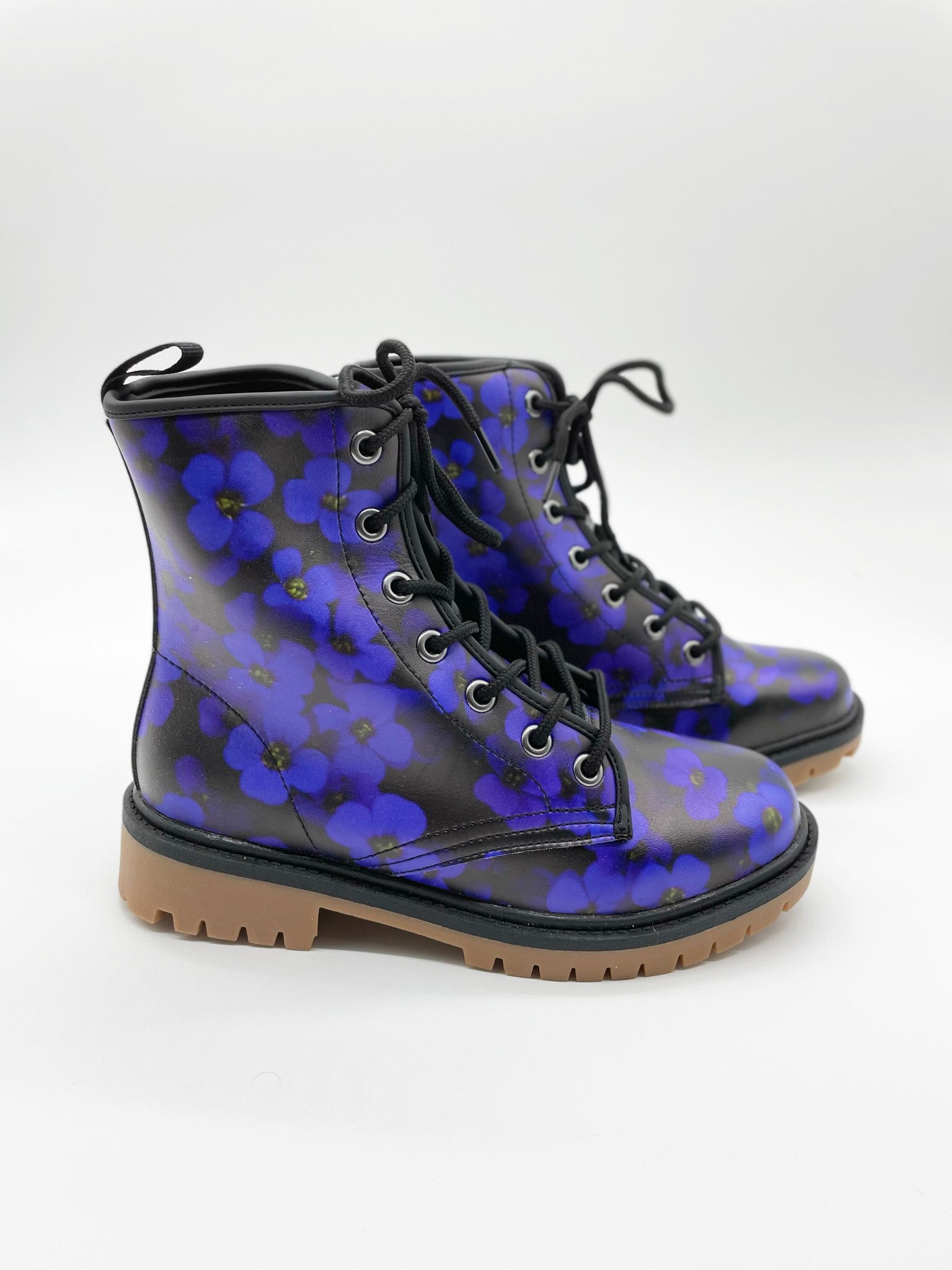 Midnight Purple Floral Lace Up Boots - Purple Combat Boots 