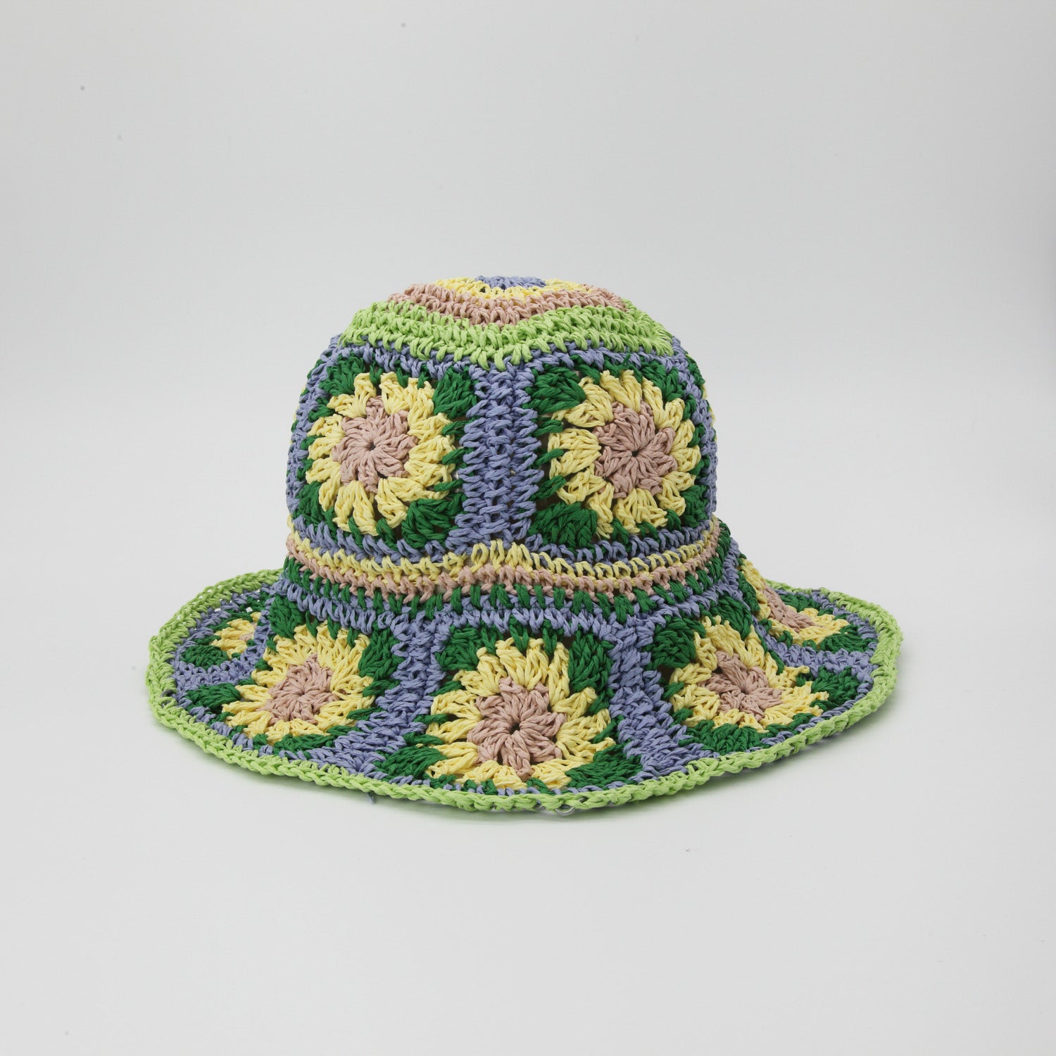 Straw Crochet Bucket Hat in Floral Green, Blue, Yellow 