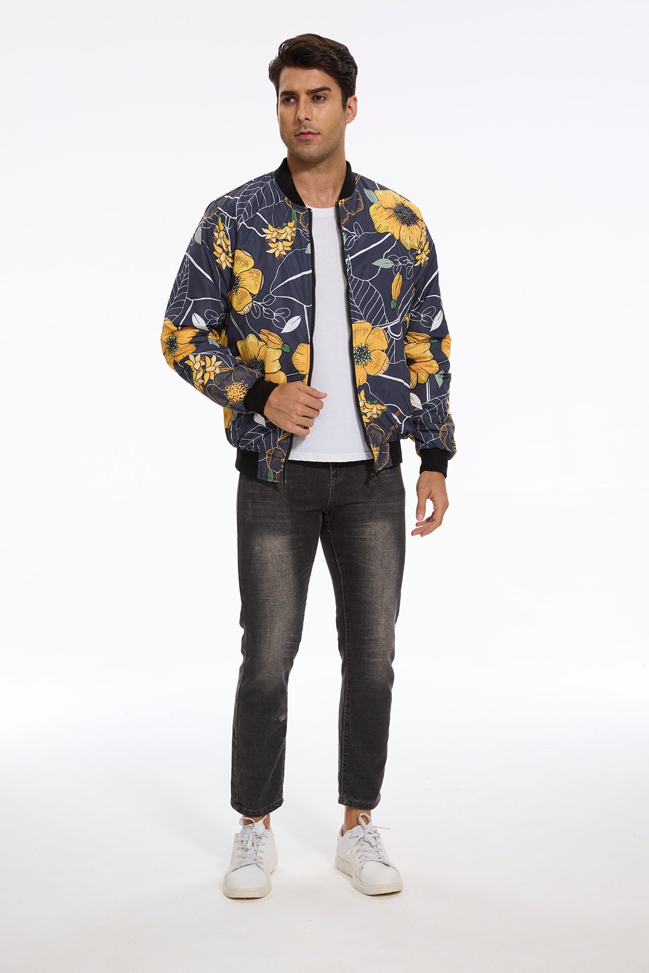 Yellow Black Floral Quilted Bomber Jacket - Luxury Designer Jacket