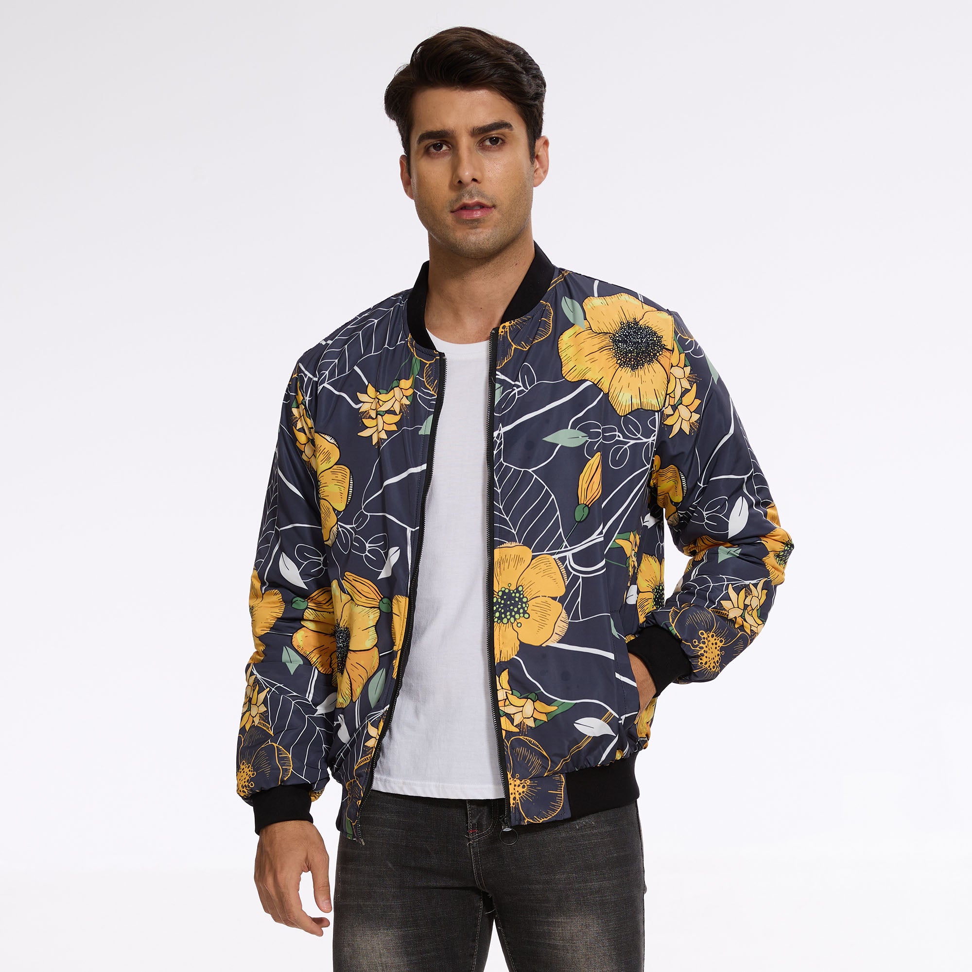 Yellow Black Floral Quilted Bomber Jacket - Luxury Designer Jacket