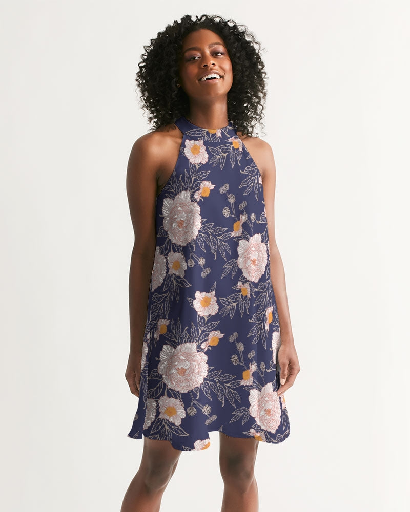 navy blue dress with orange flowers Orange Peonies Floral Orient Blue Women's Halter Dress M