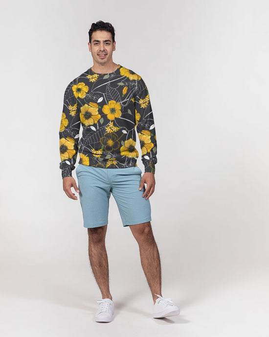 Yellow Flowers & Tropical Leaves Charcoal French Terry Crewneck Pullover Sweatshirt