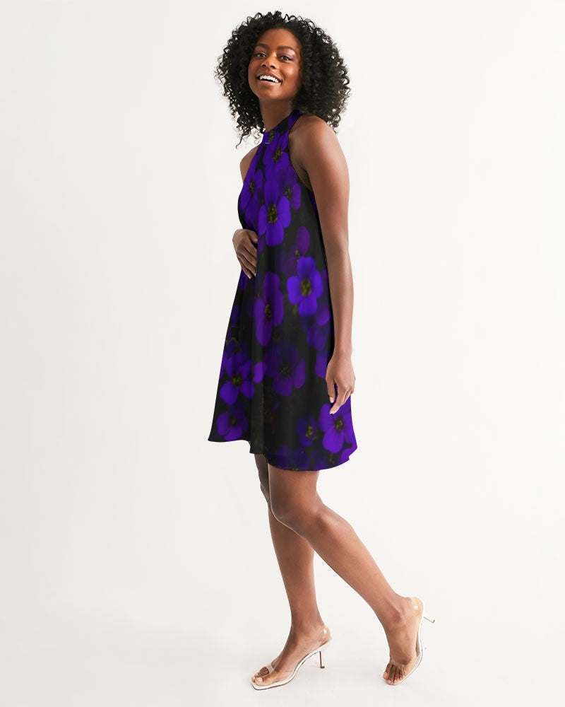 Midnight Purple Flowers Women's Halter Dress Harlow & Lloyd Midnight Purple Flowers Women's Halter Dress Harlow & Lloyd
