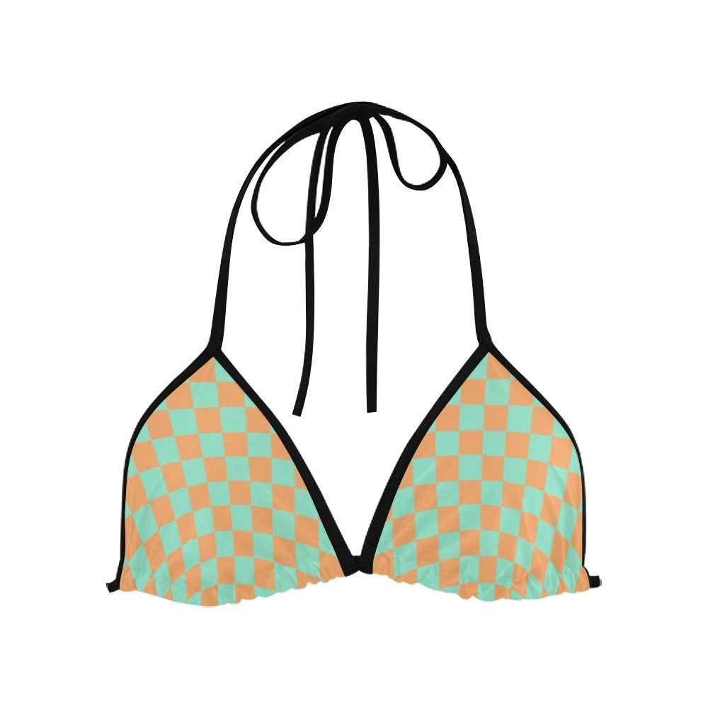 Green & Orange Check Bikini Top