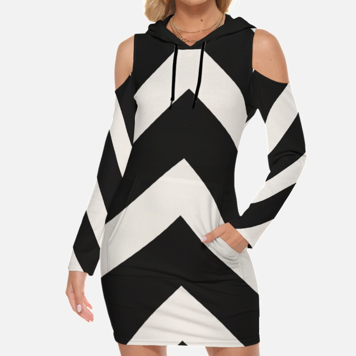hooded collar long sleeve striped dress Black & White Stripe Hoodie Dress