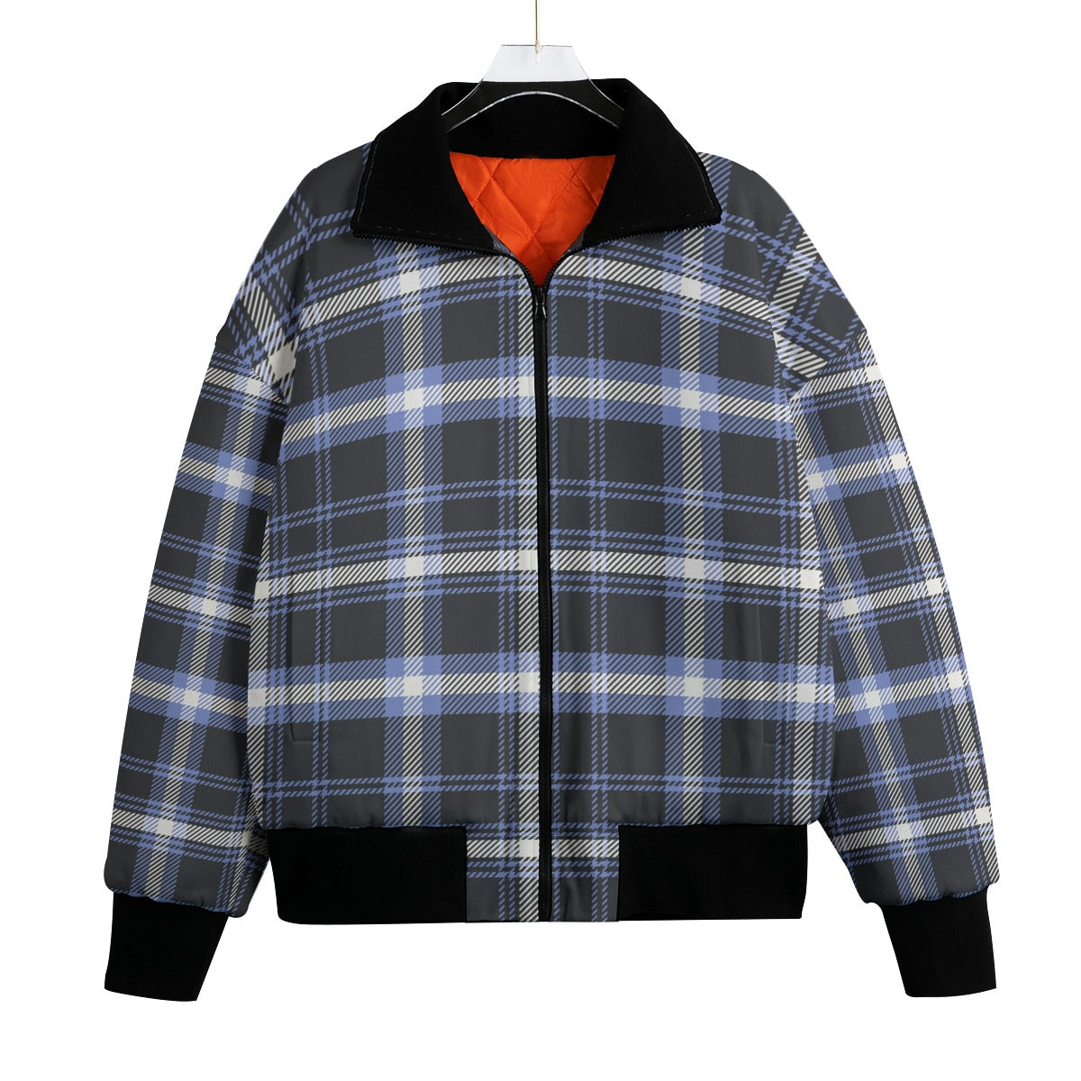 London Blue Plaid Unisex Knitted Fleece Quilted Bomber Jacket