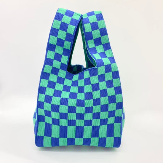 Check Knit Tote Bag in Blue & Green