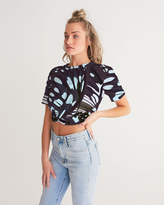 Abstract Blue Butterfly Wings Women's Twist-Front Cropped T Shirt