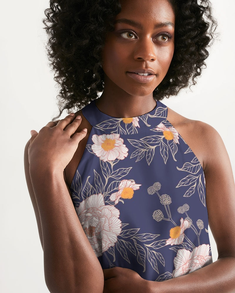 navy blue dress with orange flowers Orange Peonies Floral Orient Blue Women's Halter Dress M