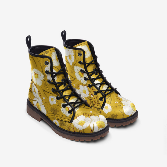 Yellow Floral Lace Up Boots
