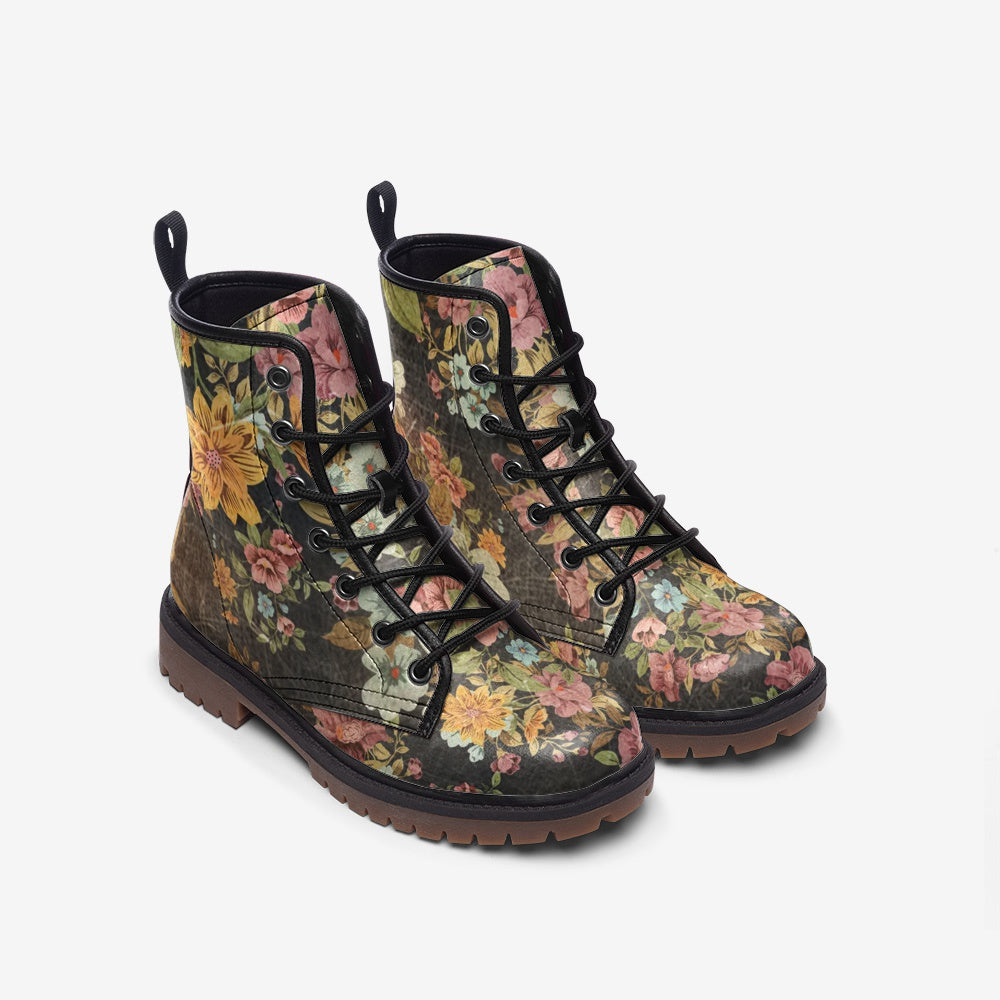 Old Vintage Flowers Lace Up Boots - Floral Combat Boots 