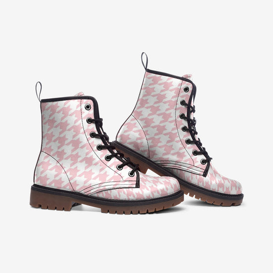 Pale Pink Houndstooth Check Lace Up Boots