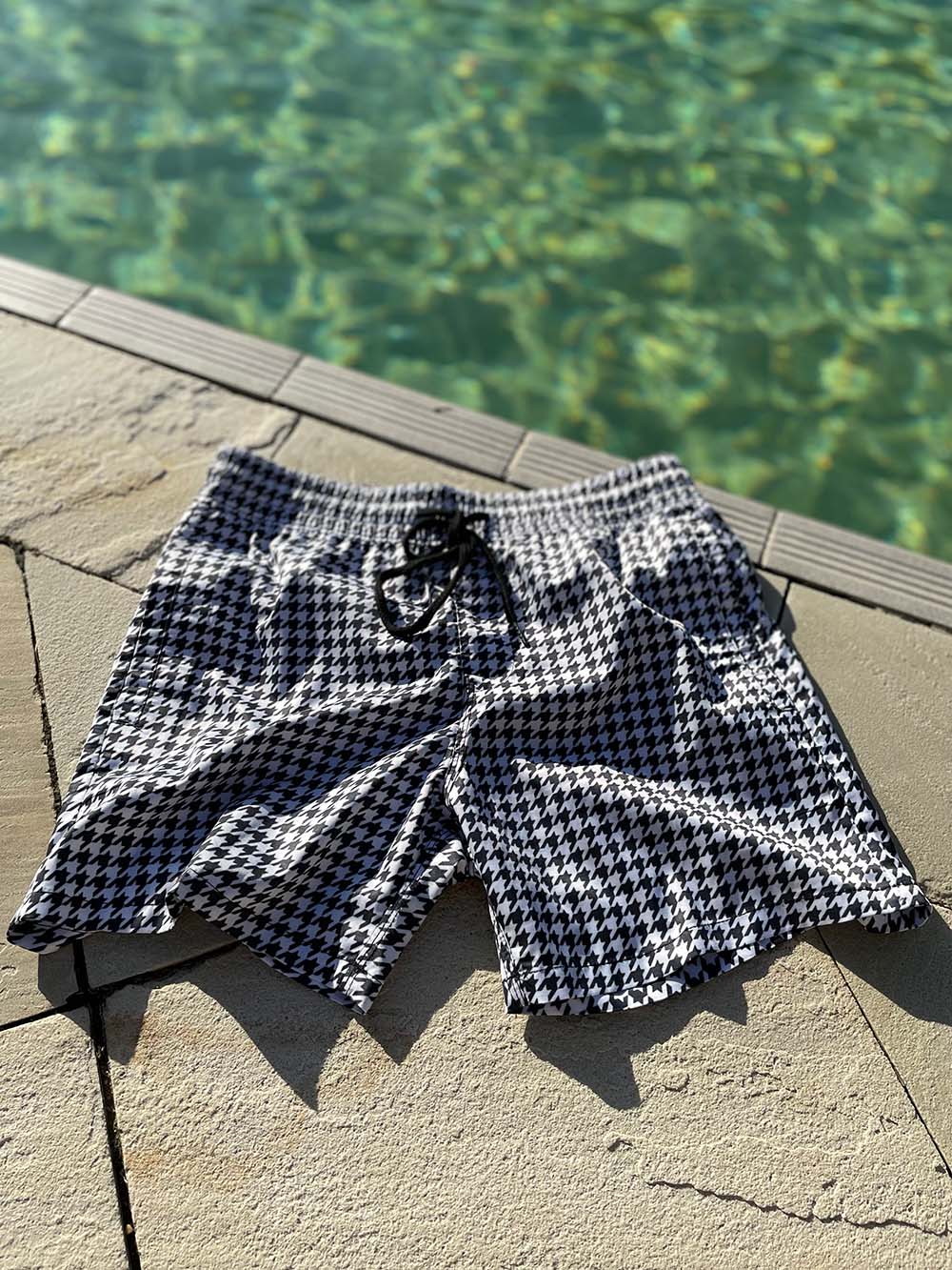 Houndstooth Swim Shorts Mens Black & White Check Swim Trunks