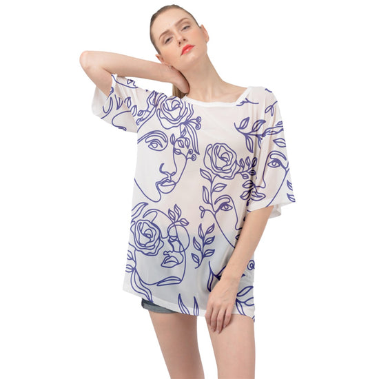 Load image into Gallery viewer, Abstract Face &amp;amp; Rose Oversized Chiffon Top
