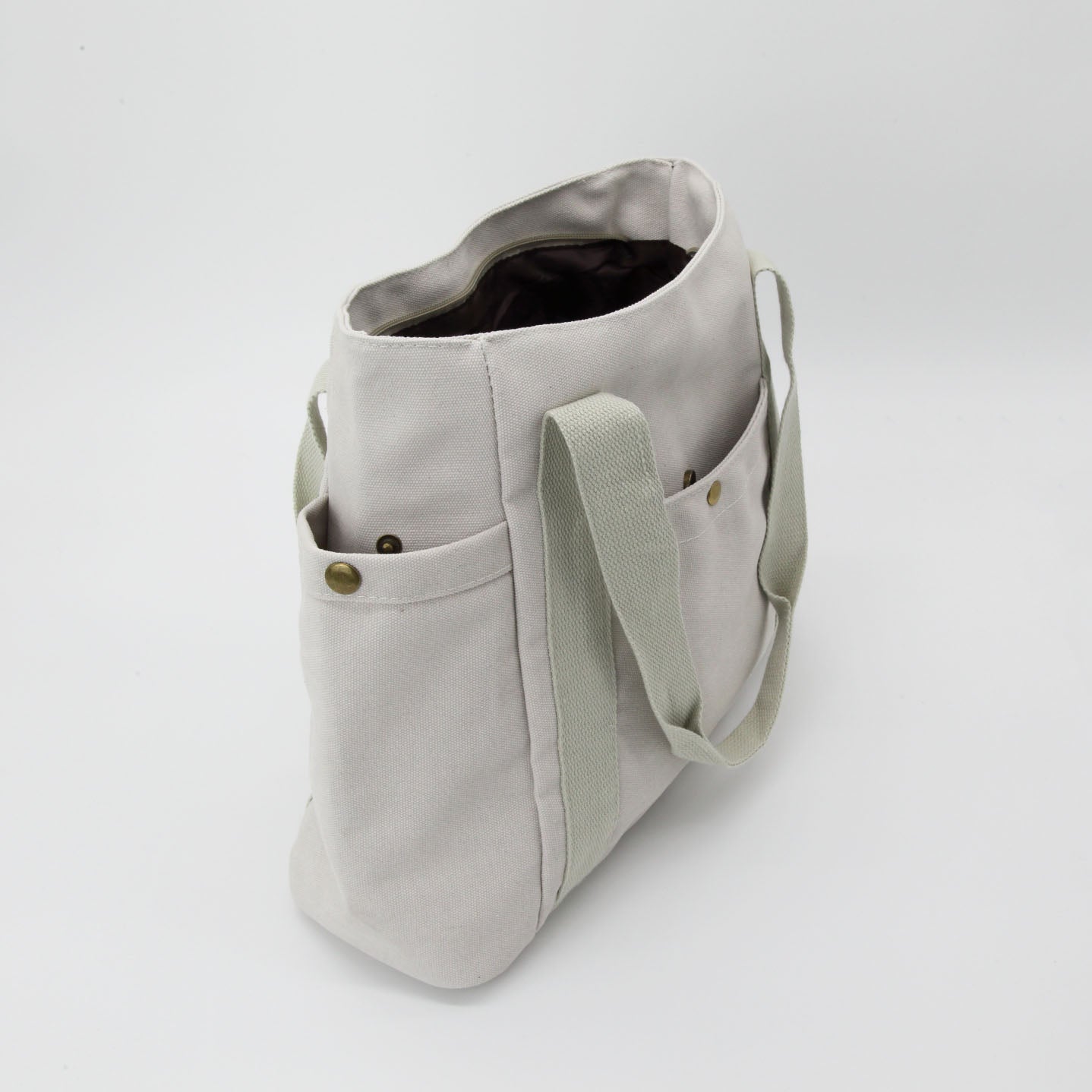 Large Canvas Tote Bag With Pockets & Zipper in Beige