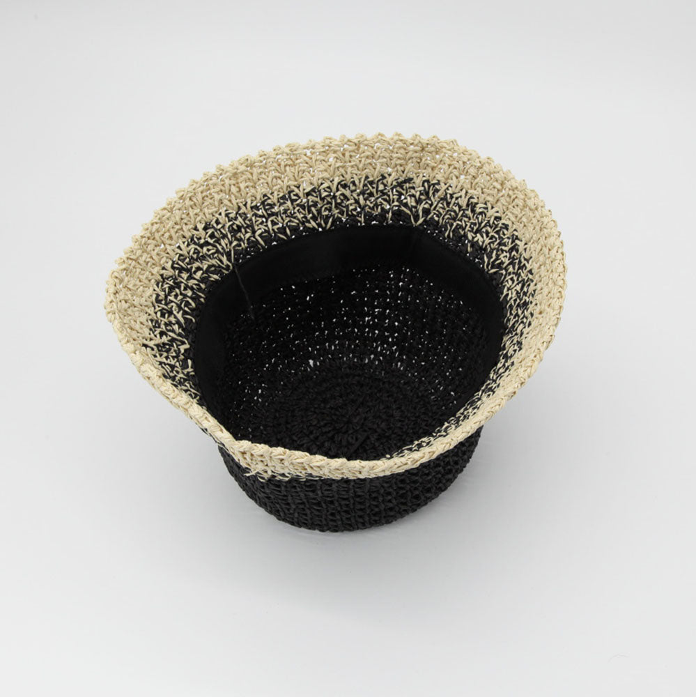 Straw Crochet Bucket Hat in Black & Natural