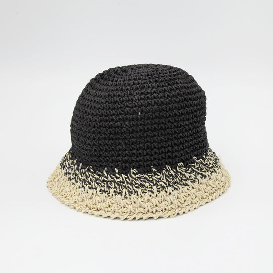 Straw Crochet Bucket Hat in Black & Natural