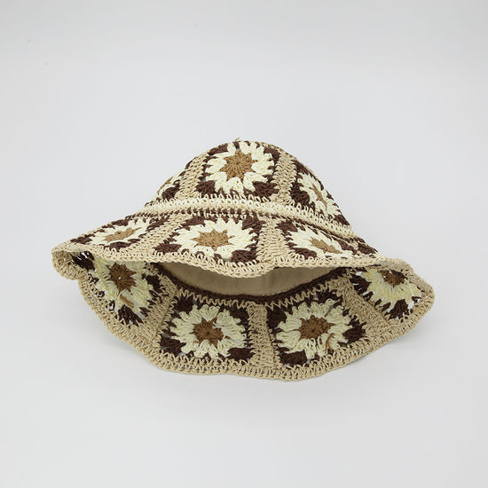 Straw Crochet Bucket Hat in Floral Brown & Cream