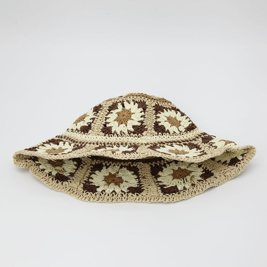 Straw Crochet Bucket Hat in Floral Brown & Cream