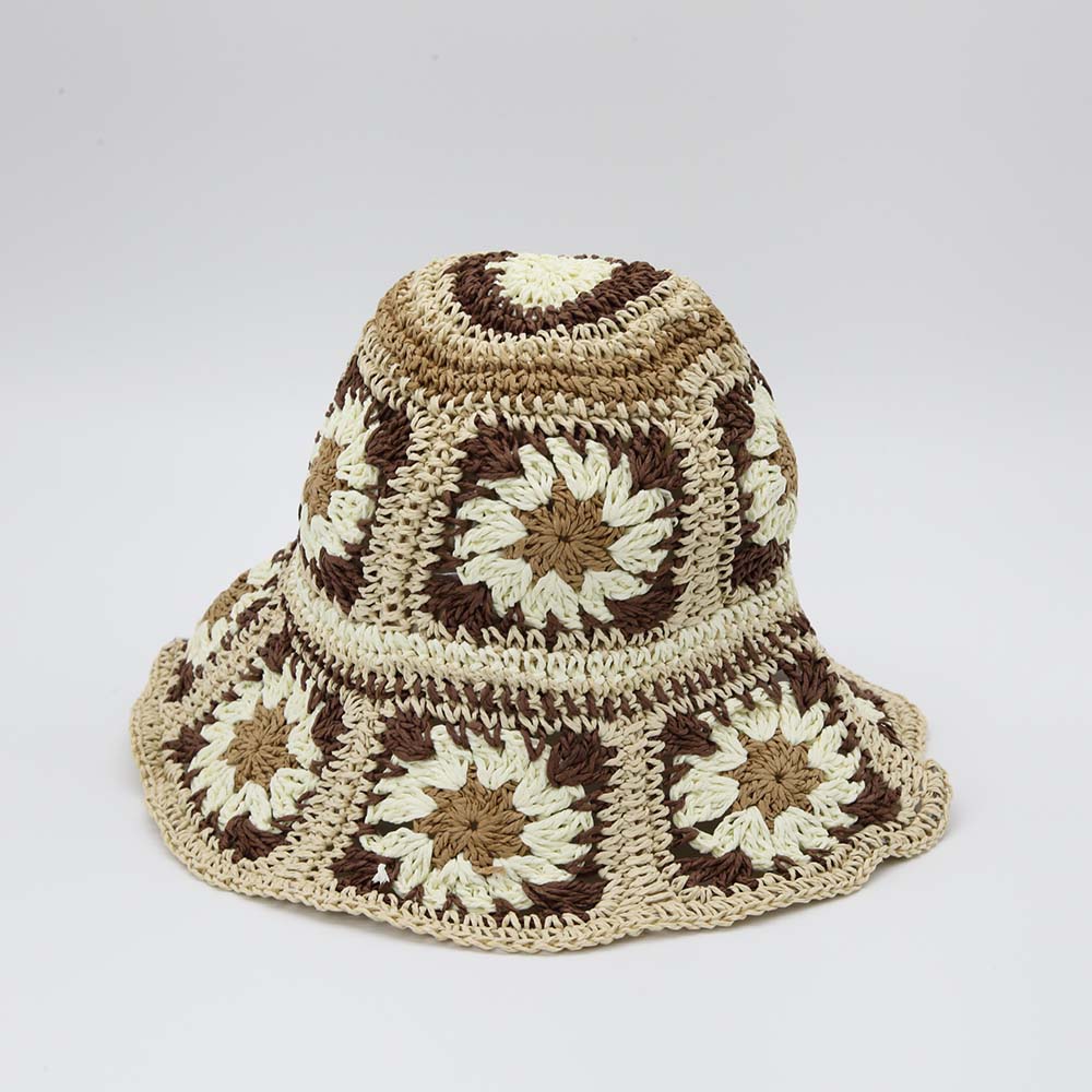 Straw Crochet Bucket Hat in Floral Brown & Cream