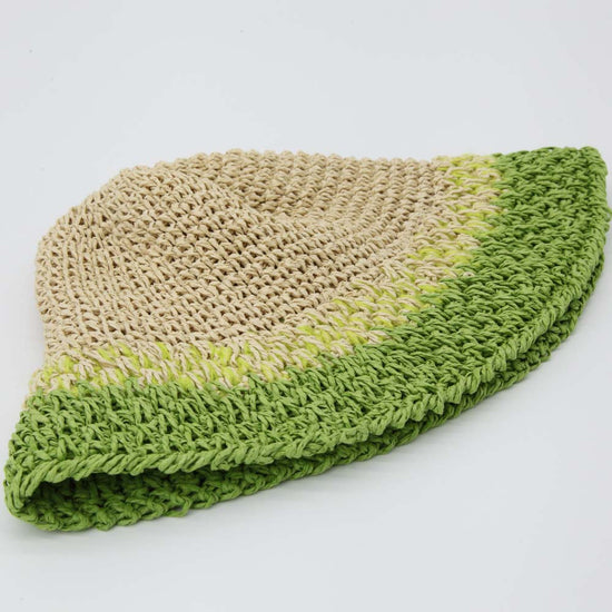 Straw Crochet Bucket Hat in Green & Natural