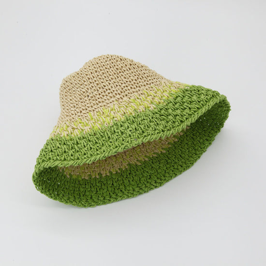 Straw Crochet Bucket Hat in Green & Natural