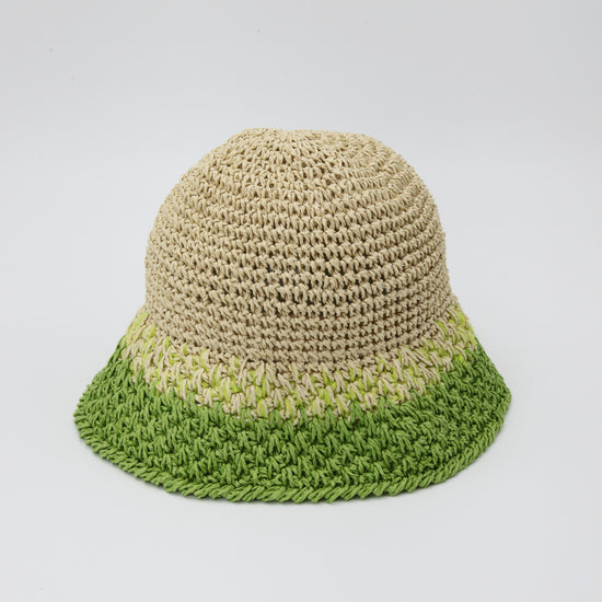 Straw Crochet Bucket Hat in Green & Natural