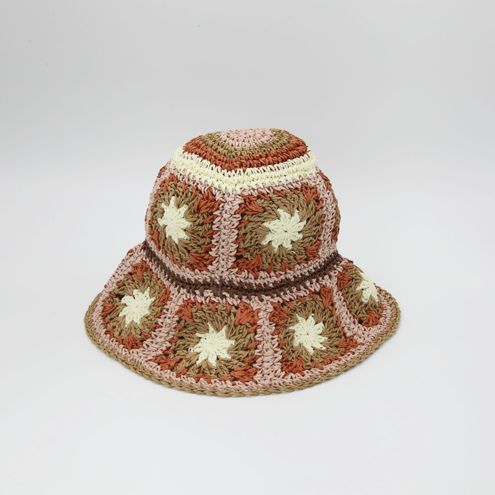 Straw Crochet Bucket Hat in Floral Pink Orange Brown & Cream