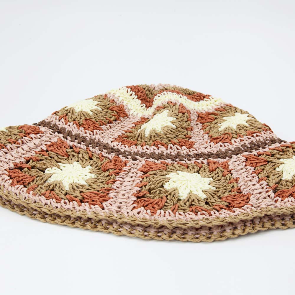 Straw Crochet Bucket Hat in Floral Pink Orange Brown & Cream