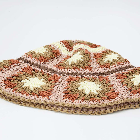 Straw Crochet Bucket Hat in Floral Pink Orange Brown & Cream