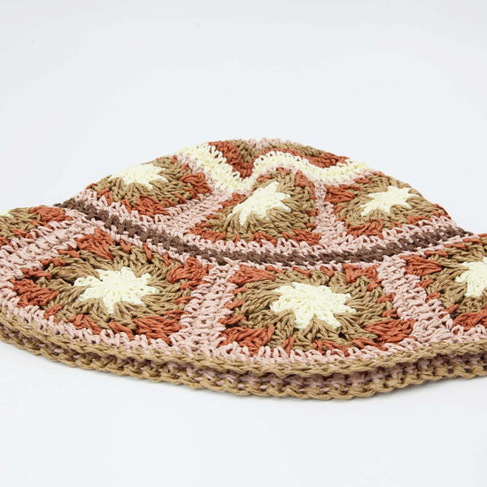 Load image into Gallery viewer, Straw Crochet Bucket Hat in Floral Pink Orange Brown &amp;amp; Cream
