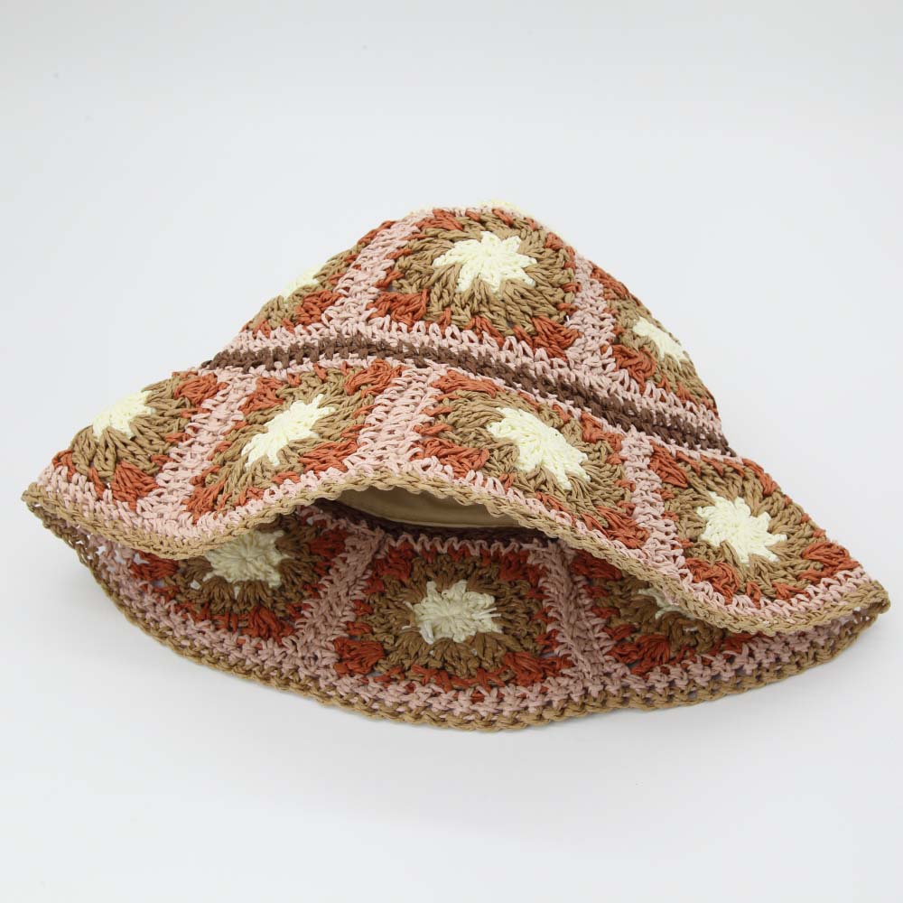 Load image into Gallery viewer, Straw Crochet Bucket Hat in Floral Pink Orange Brown &amp;amp; Cream
