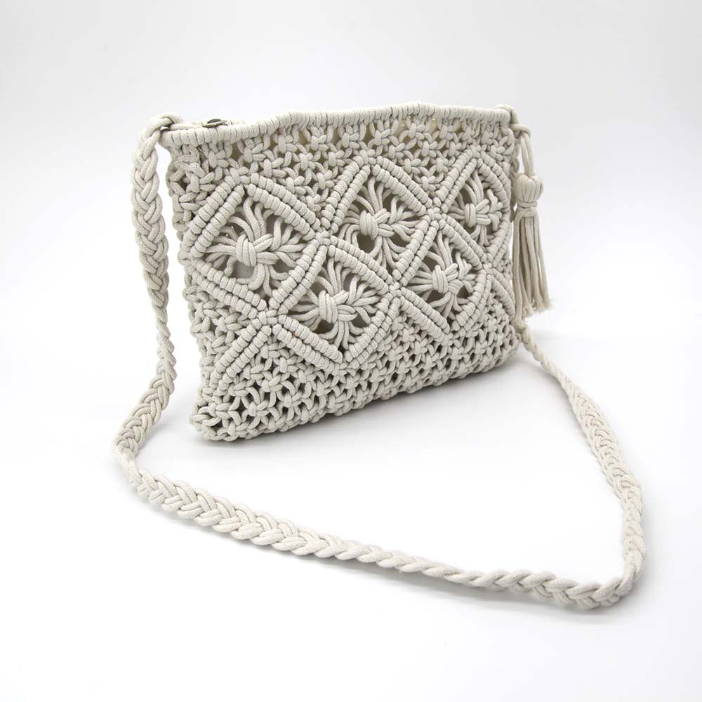 Woven Summer Shoulder Bag with Tassel in White