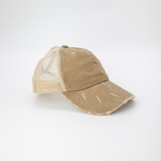 Rumi Distressed Trucker Mesh Cap in Khaki