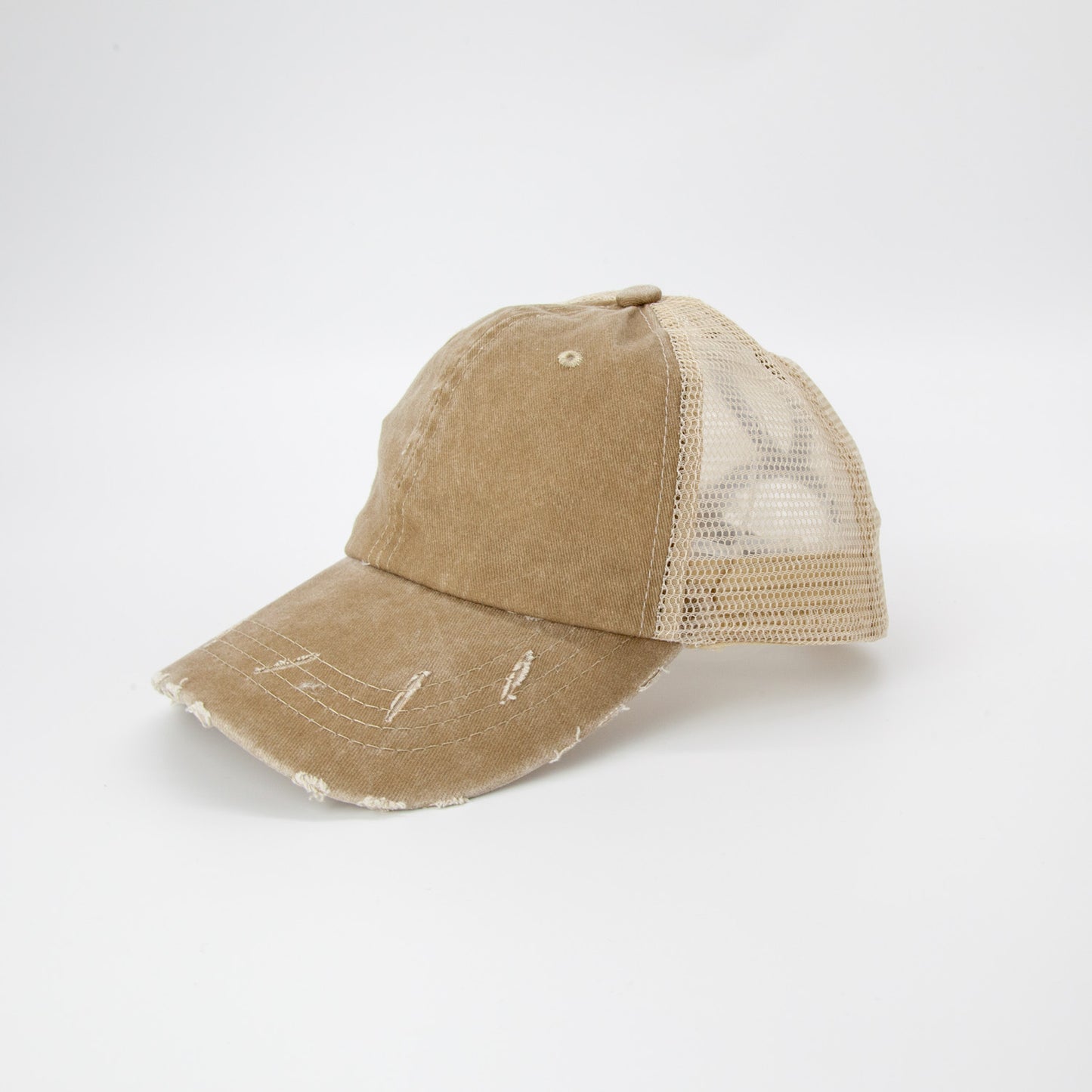 Rumi Distressed Trucker Mesh Cap in Khaki