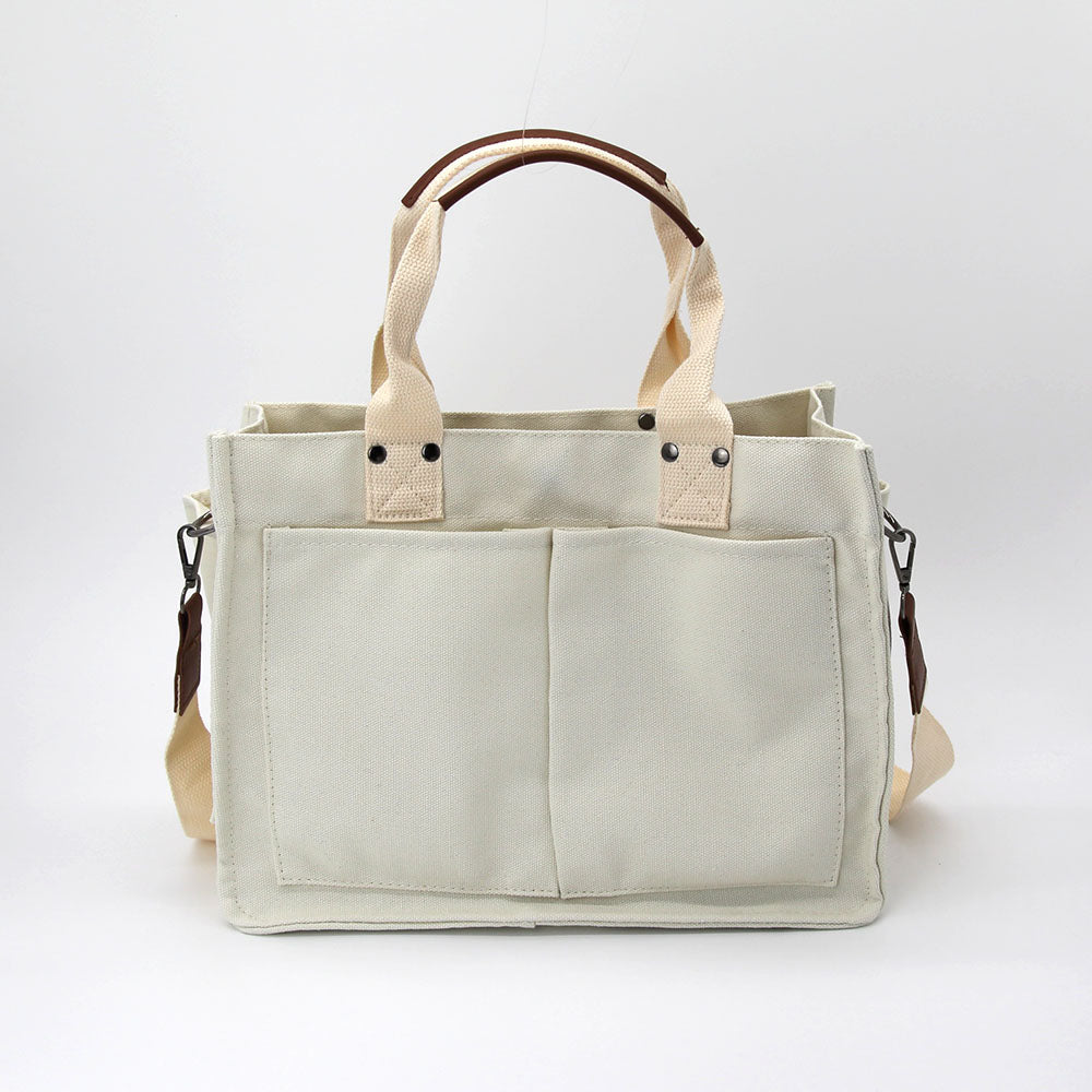 Multi Pocket Canvas Crossbody Tote Bag in White