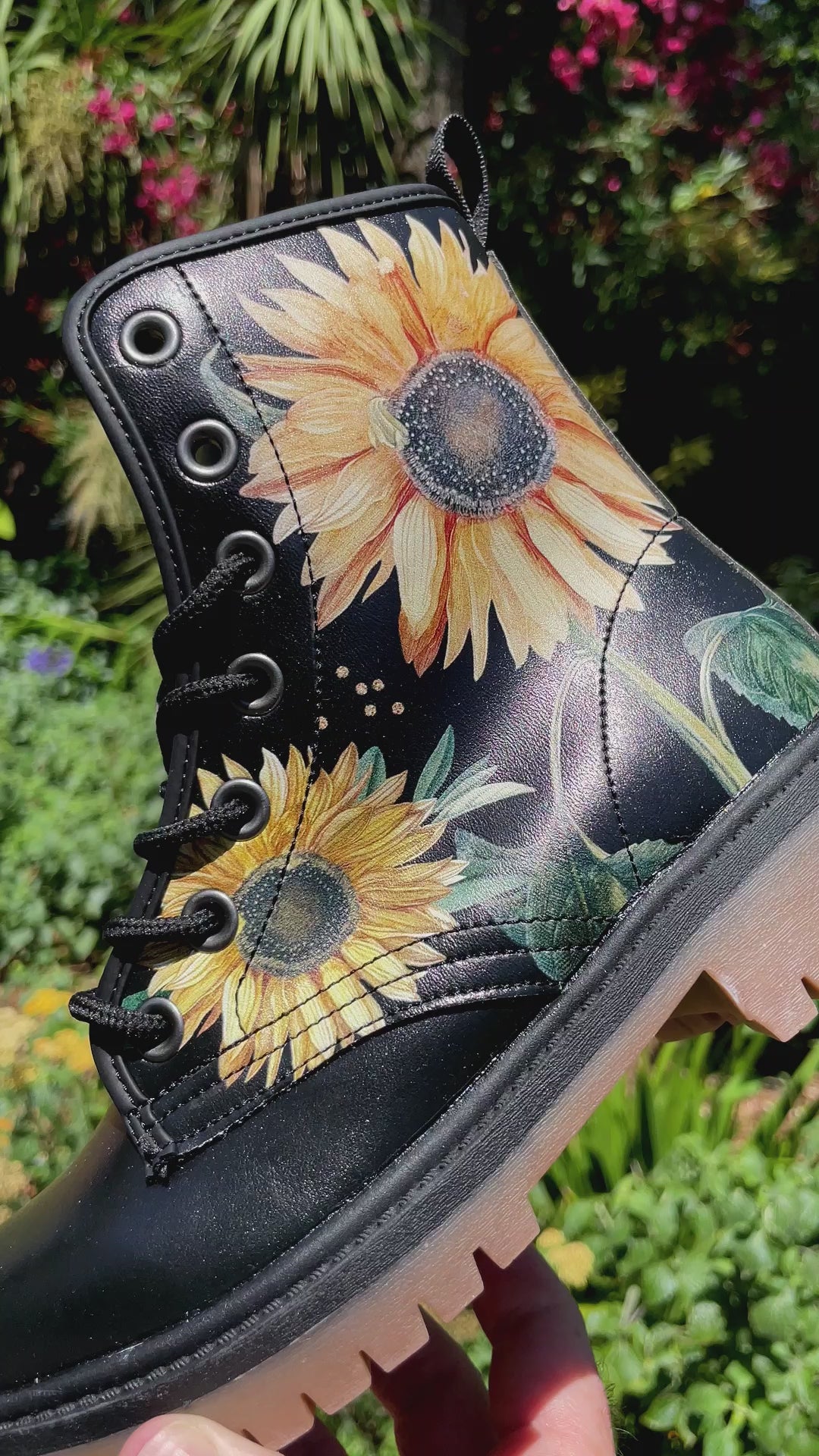 Vintage Sunflowers Black Lace Up Boots