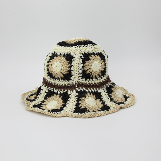 Straw Crochet Bucket Hat in Floral Black Beige & Cream