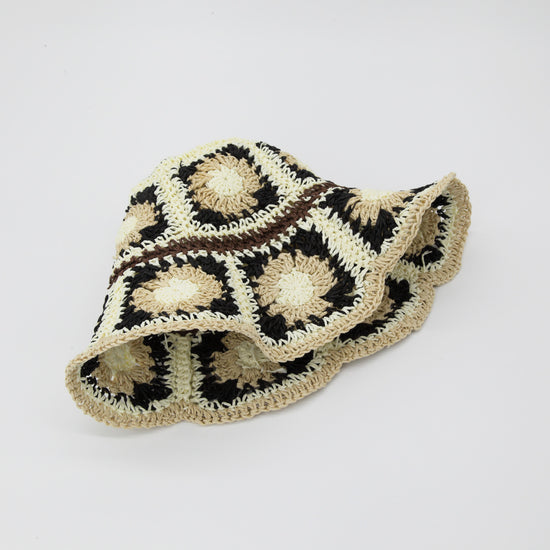 Straw Crochet Bucket Hat in Floral Black Beige & Cream