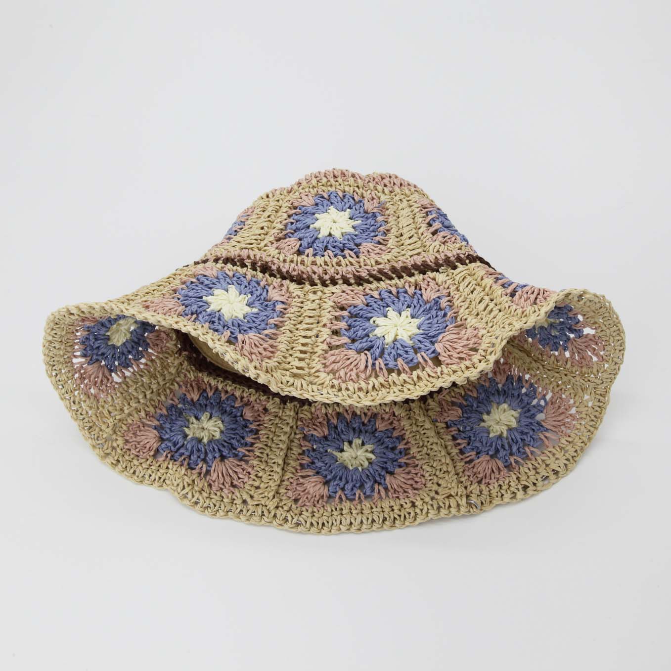 Load image into Gallery viewer, Straw Crochet Bucket Hat in Floral Natural, Pink &amp;amp; Blue
