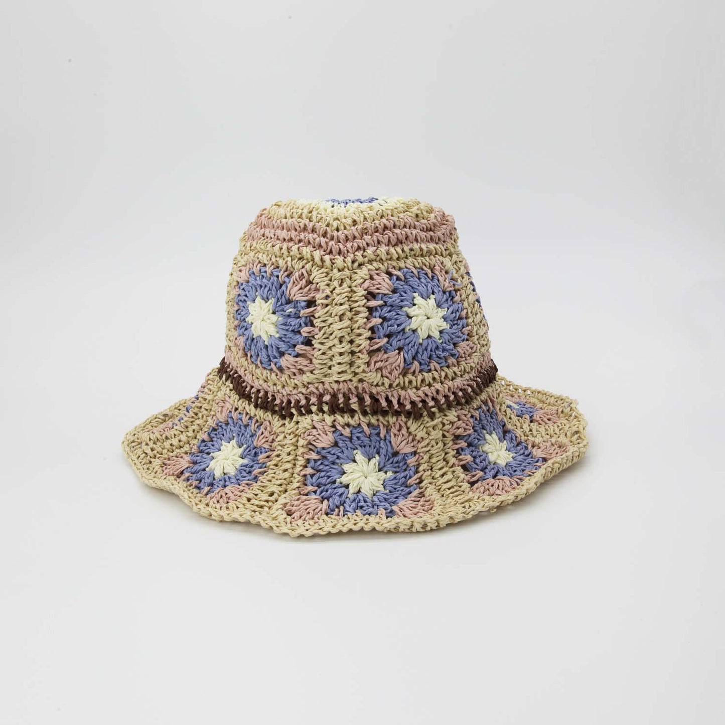 Straw Crochet Bucket Hat in Floral Natural, Pink & Blue