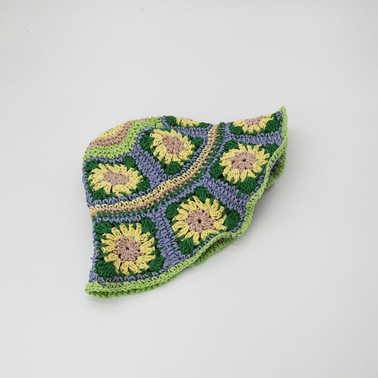 Straw Crochet Bucket Hat in Floral Green, Blue, Yellow